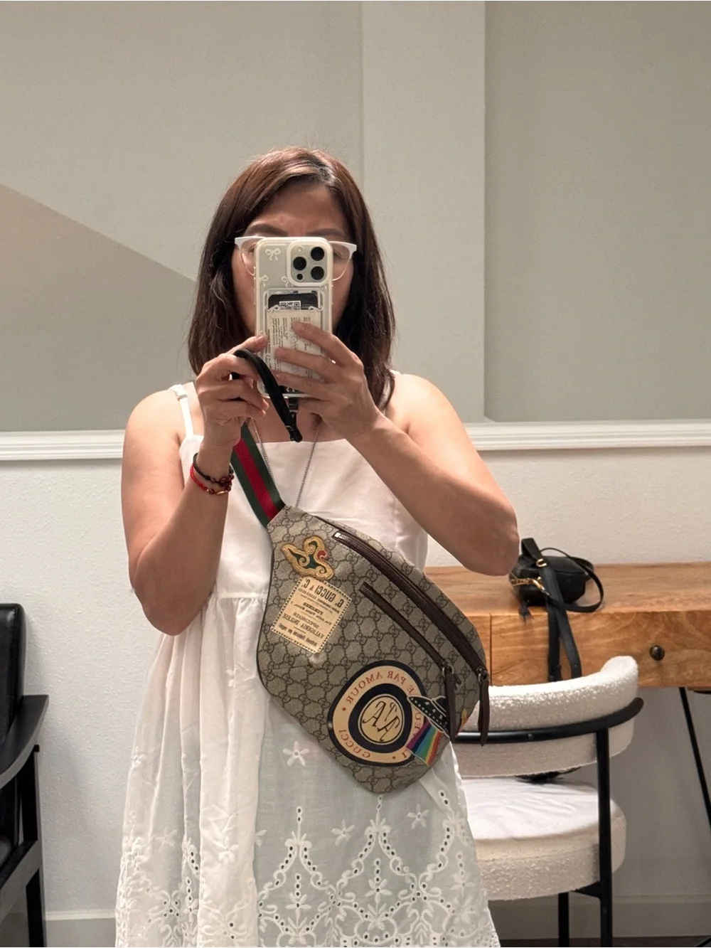 Gucci Beige GG Supreme Canvas Belt Bag with Multicolor Patches and Web Strap